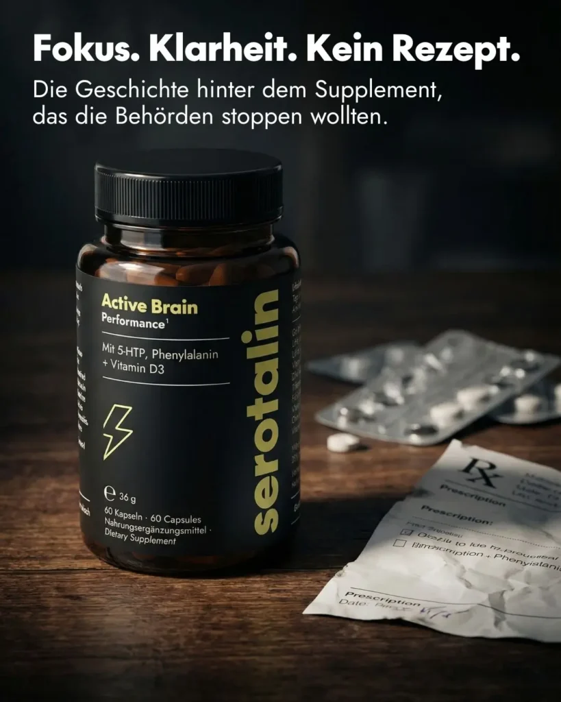 serotalin Active Brain Performance¹Kapseln im Glas. Eine natürlich alternative zu Retalin.Griffonia Samen Extrakt (5-HTP) – Pflanze aus Westafrika, traditionell in der Naturheilkunde geschätzt¹
 L-Phenylalanin – Aminosäure, Vorstufe wichtiger Neurotransmitter¹
Koffein – für Wachheit und mentale Aktivierung¹
Vitamin B5 (Pantothensäure) – trägt zu einer normalen geistigen Leistung bei²
Zink – trägt zu normalen kognitiven Funktionen bei²
Vitamin B6 – trägt zur Regulierung der Hormontätigkeit bei²
Folsäure – trägt zur normalen psychischen Funktion bei²
☀️ Vitamin D3 – trägt zu einer normalen Funktion des Immunsystems bei²
📉 Chrom – trägt zur Aufrechterhaltung eines normalen Blutzuckerspiegels bei²
Vitamin B12 Nervensystems.